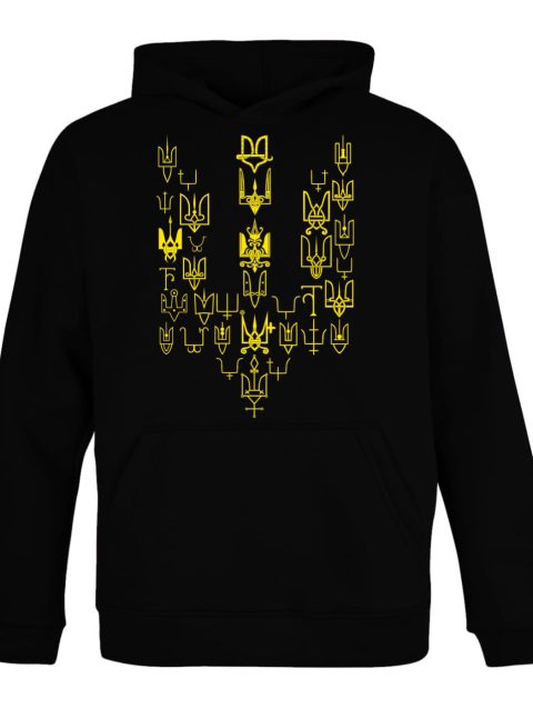 Твоя річ з історією Alfiorov Shop. Худі унісекс чорний з принтом тризуб жовтий